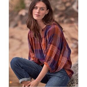 Garnet Hill Organic Cotton Batwing Button Front Gauze Top Orange Purple Plaid‎ 8